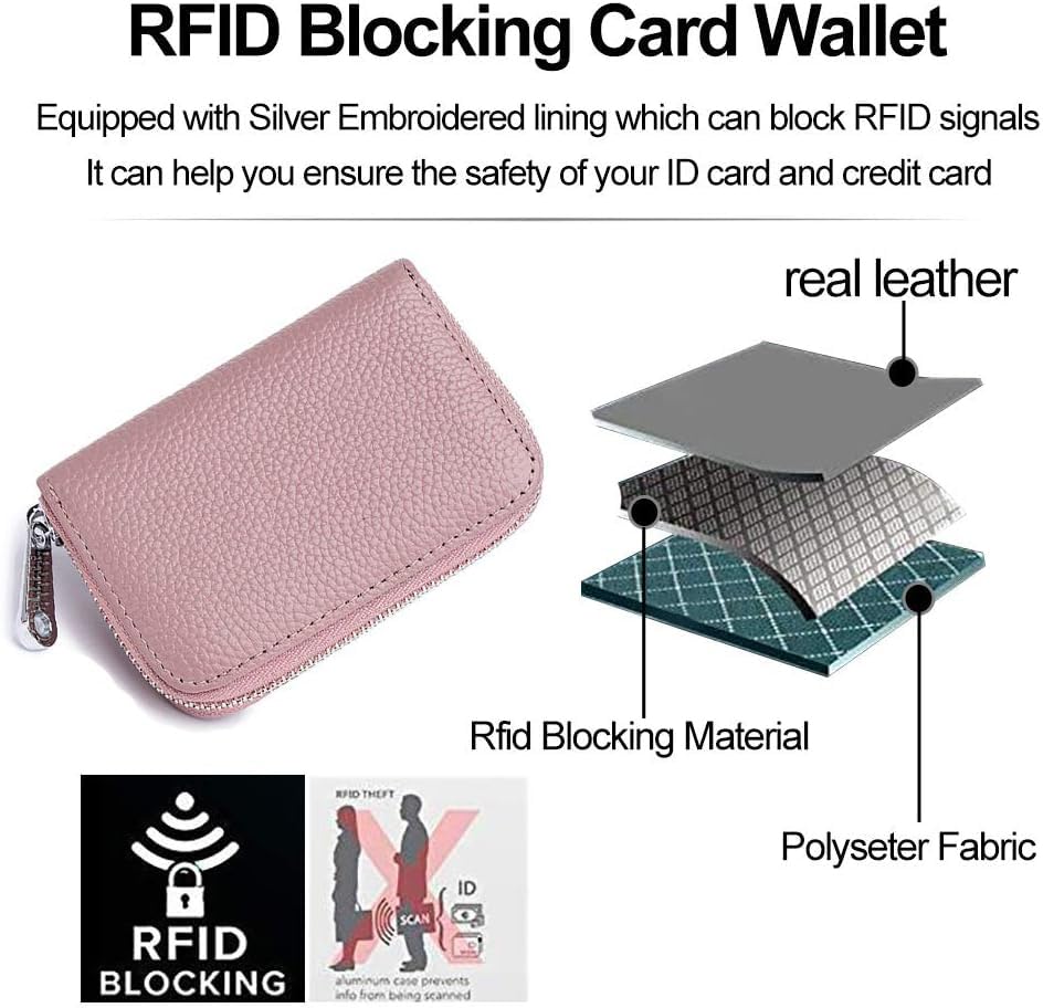 Image of VOGARD Unisex RFID Blocking Leather Card Holder Wallet with Zip Closure | 12 Card Slots & Cash Pocket | Compact Accordion Credit Card Organizer for Men & Women (Pink)
