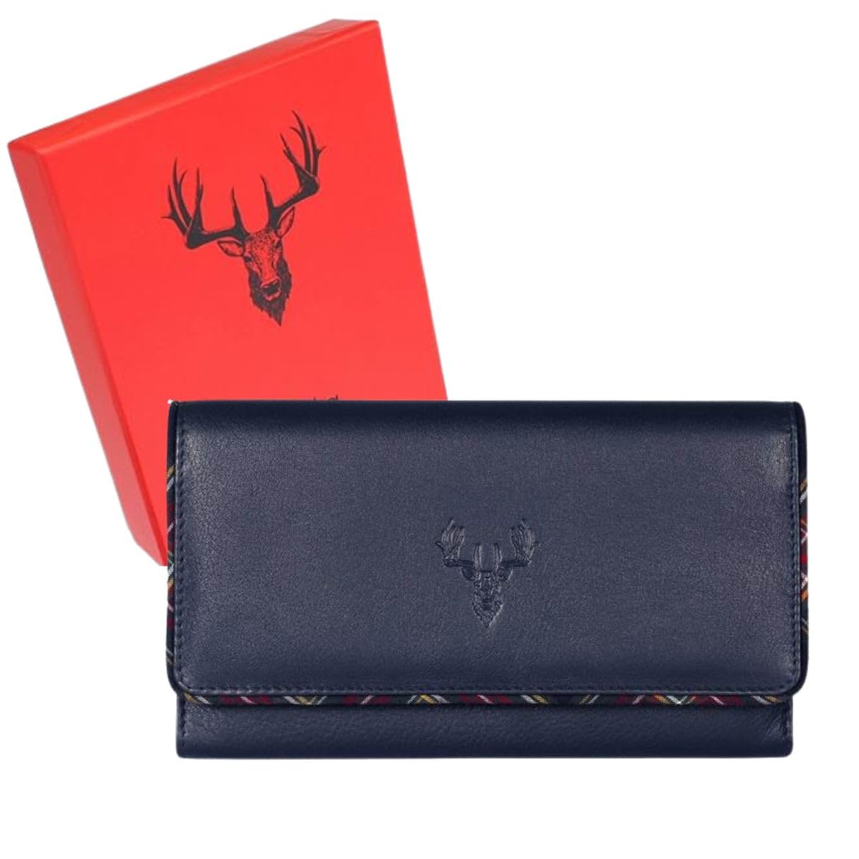 Mala Leather Braemar Stag Flap Over Matinee Portmonetka chroniona RFID, miękka skóra naturalna, zapakowana na prezent, wykończenie w szkocką kratę i inspirowany krajem design, granatowy lub czarny, 19