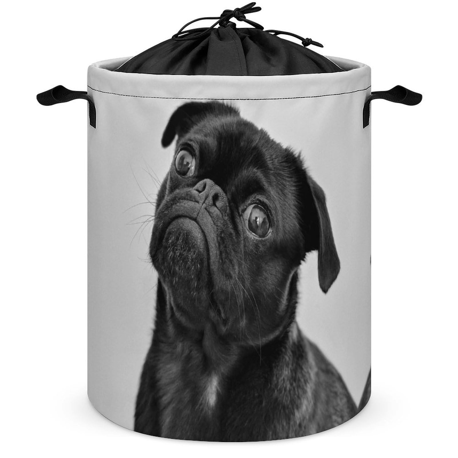 Wlntrophic Drawstring Laundry Hamper, Cute Black Pug Dog Laundry Basket, Washing Basket with Handle