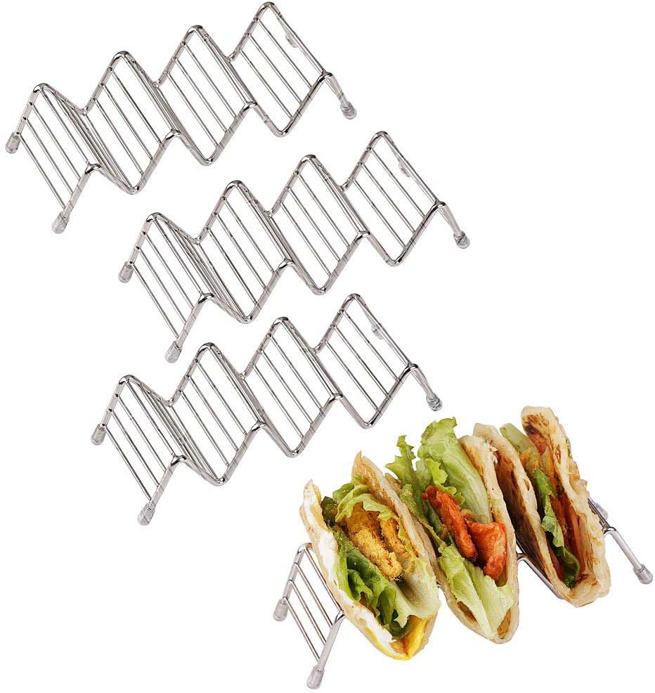 Disumos Taco Holder Stand 4 Packs Stainless Steel Taco Rack Good Holder Stand on Table Hold Shell Taco Safe for Baking as Truck Tray(3-4)