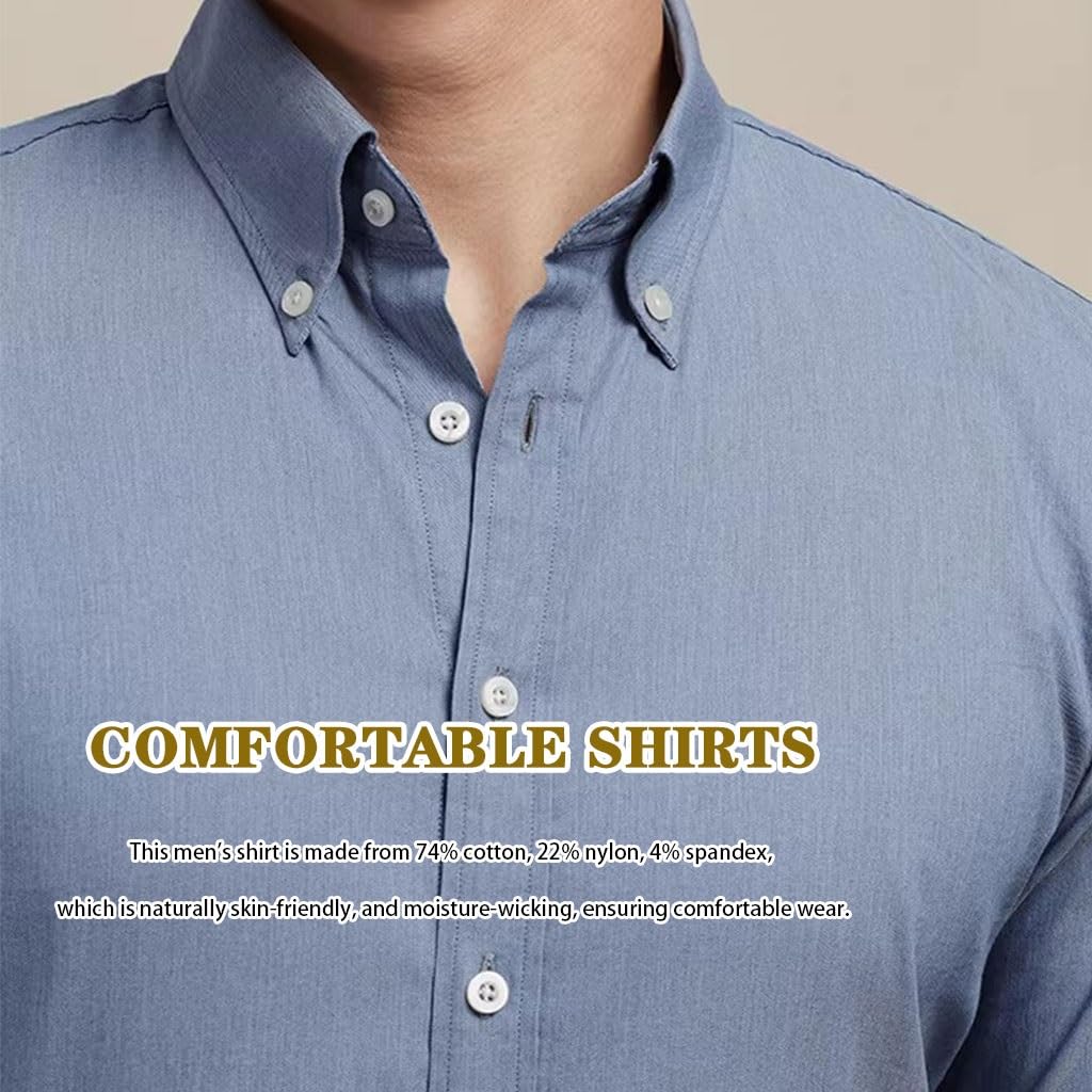 Camisa Formal De Negocios Manga Larga, Camisa De Hombre Ajustada Azul Denim De Otoño, con Cuello Abotonable