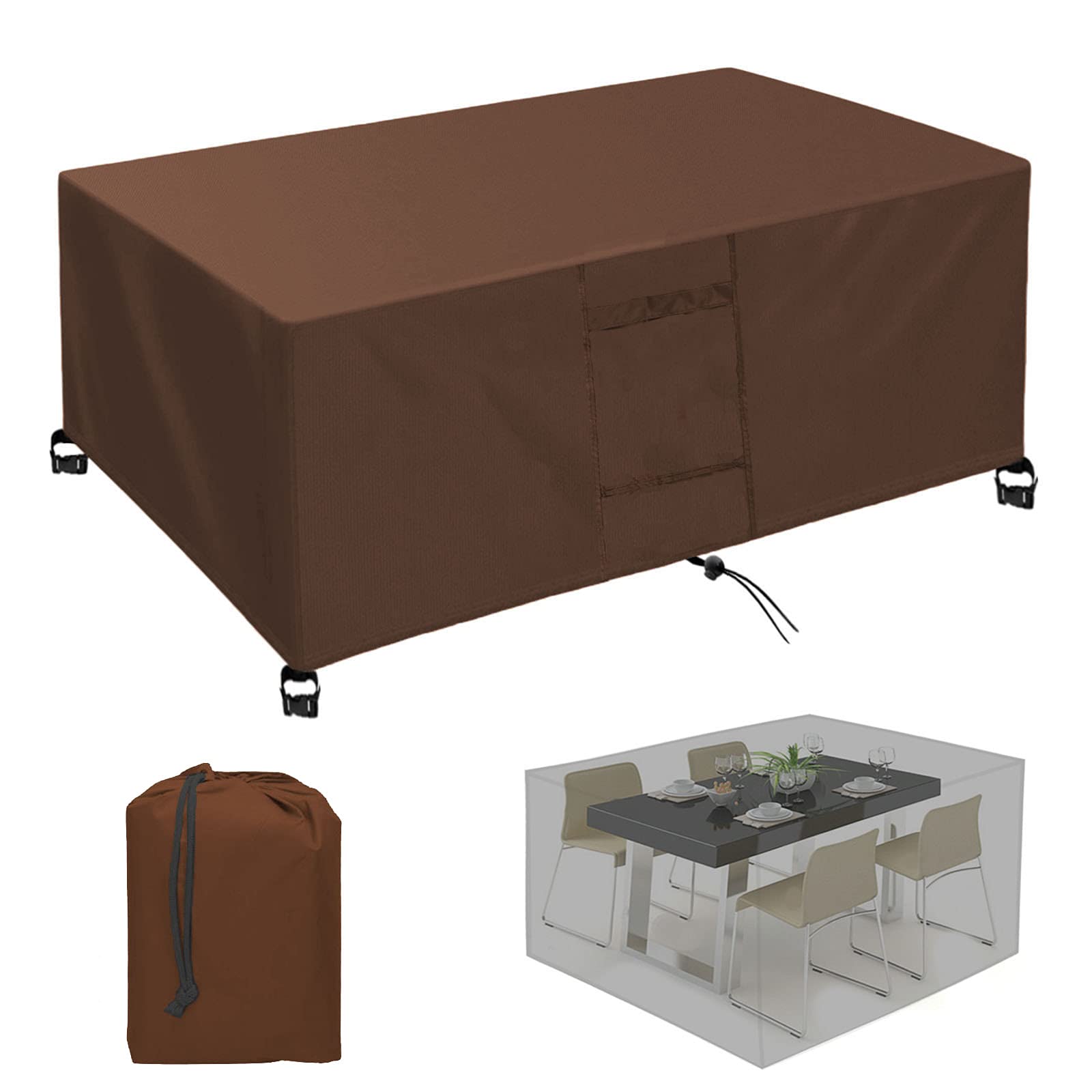 Copertura impermeabile per mobili da giardino con 4 fibbie antivento in tessuto Oxford 420D, anti UV e anti strappo, copertura per esterni, per tavolo, sedia, divano, marrone, 180 x 120 x 74 cm
