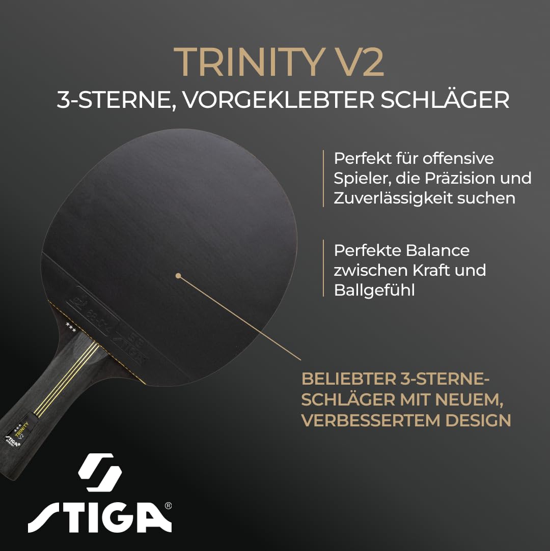 STIGA Trinity V2 Tischtennisschläger – 3 Sterne Tischtennisholz, ITTF-zugelassener Belag, Ergonomischer Griff – für Offensive Spieler, Schwarz