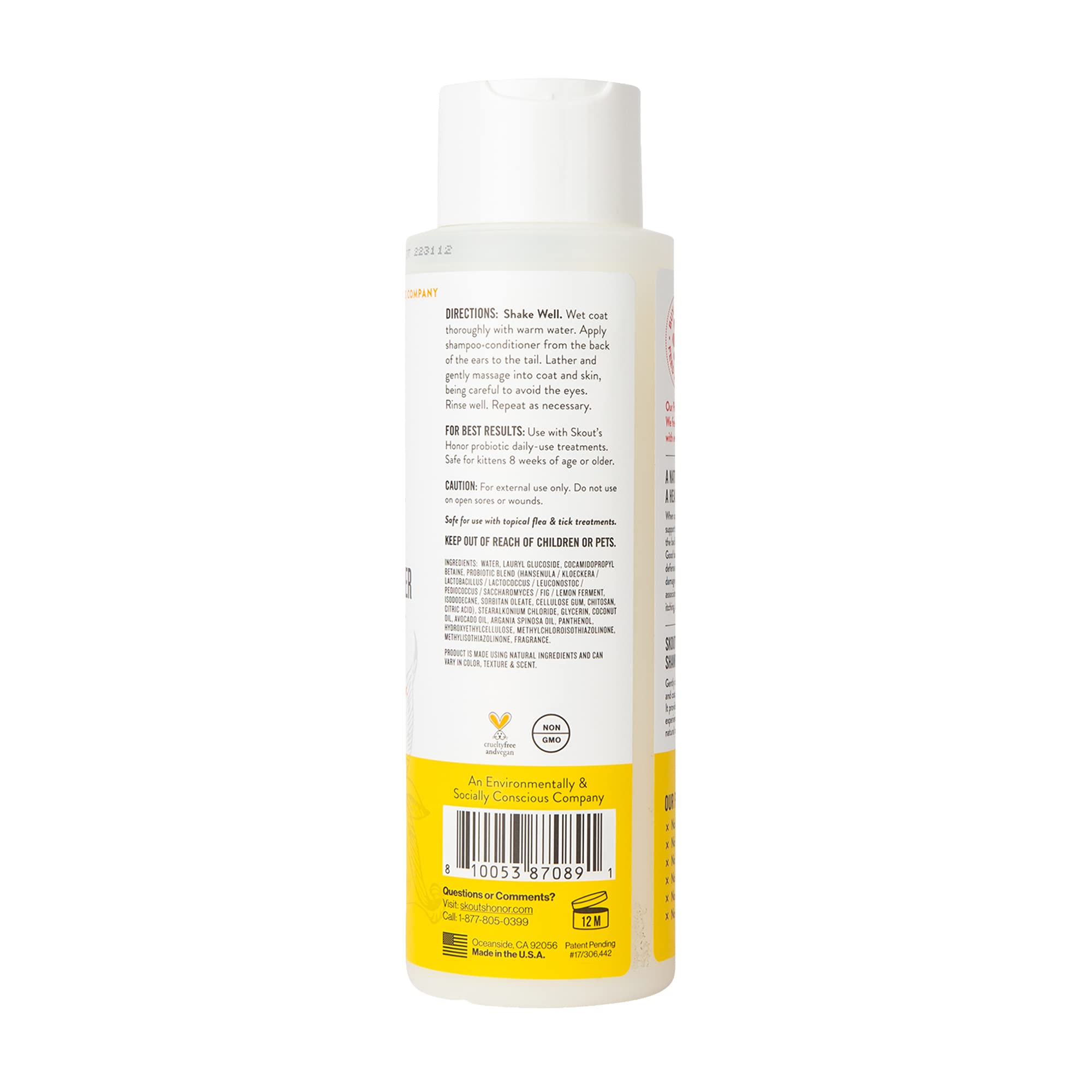 Skout's Honor Probiotic Cat Shampoo & Conditioner with Avocado Oil & Omega-3s, 97% Natural, Paraben & Sulfate-Free, Cruelty-Free, 16oz, Honeysuckle