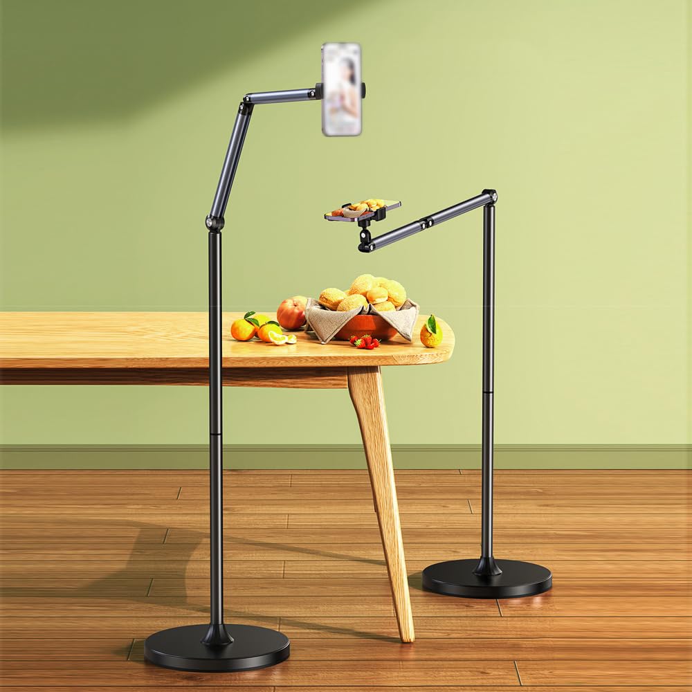 Support de Tablette au Sol, Support de téléphone rétractable, Support de téléphone réglable à 360° pour Salle de Sport, lit, liseuse ou Autres appareils à écran (4" à 13")