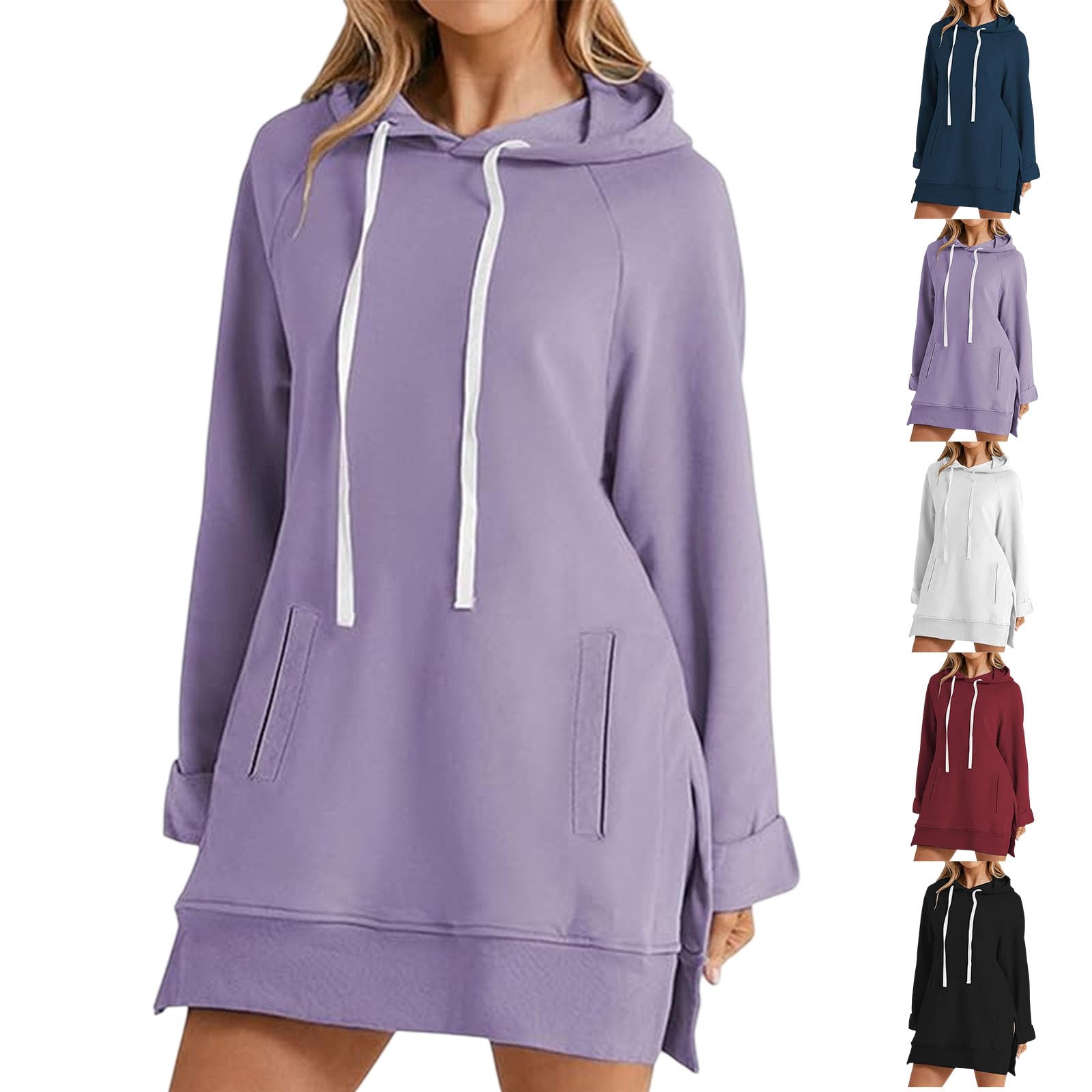 Oversized Hoodie Dress for Women, Long Sleeve Split Hem Pullover Hoodie Dress with Pocket for Casual Fall Wear (Light Purple,L)