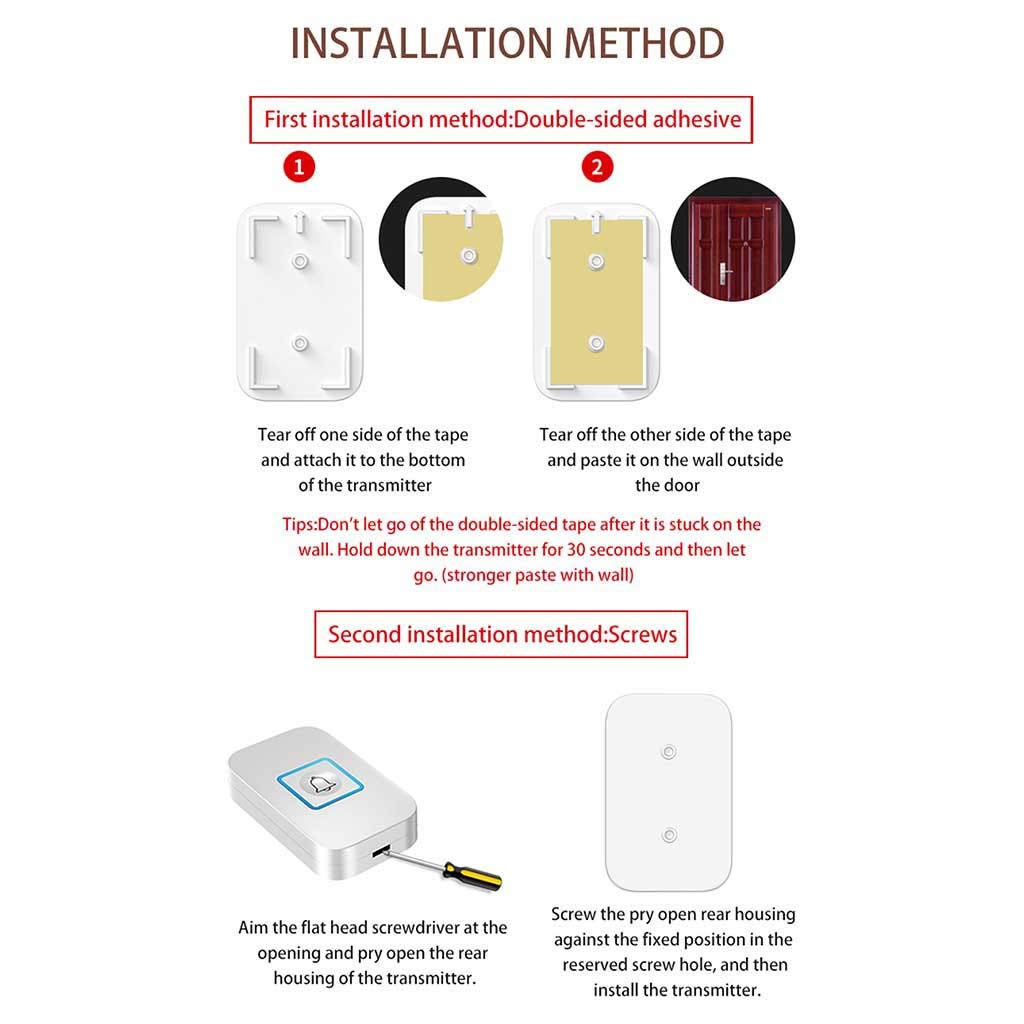 Timbres inalámbricos Timbre inalámbrico Pack de 2 Trans 6 receptores Impermeable 60 melodías LED 300M Multicolor(Black)