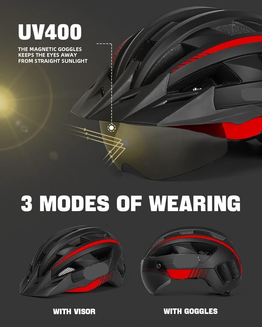 Kask Rowerowy Kask Szosowy Kask Rowerowy Z Ładowaną Przez USB Lampką LED, Zdejmowane Okulary Magnetyczne, Wizjer Oddychający Kasku Rowerowego