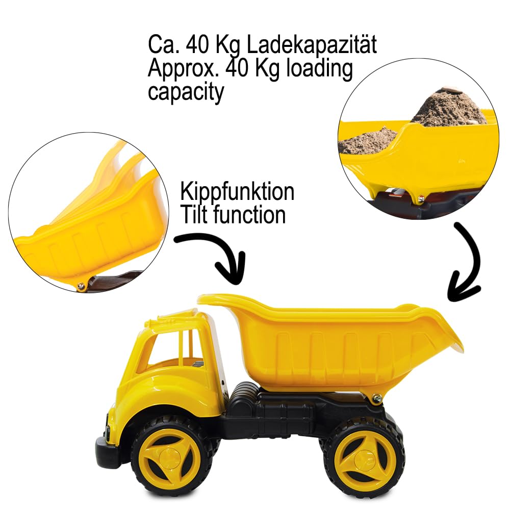 JAMARA 460269 - Sandkastenauto Dump Truck XL - ca. 40 Kg Ladekapazität, Ladefläche kippbar, Robustes Kunststoffgehäuse, gelb