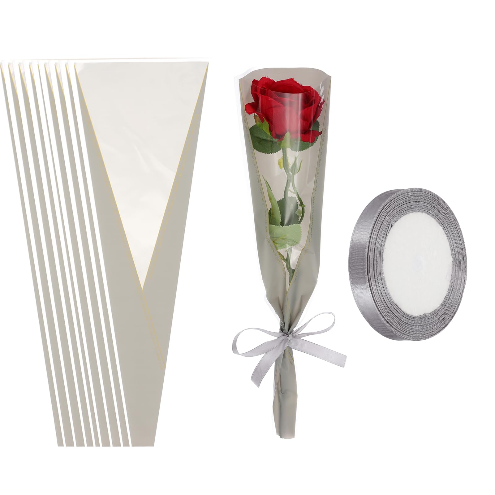 PATIKIL 150 Pack Flower Wrapping Bag, Gray Floral Packing Sleeves with Ribbons Gold Edge for Bouquets Wedding Birthday Graduation Anniversary Arrangement Gift, 17.7"x4.7"x1.2"