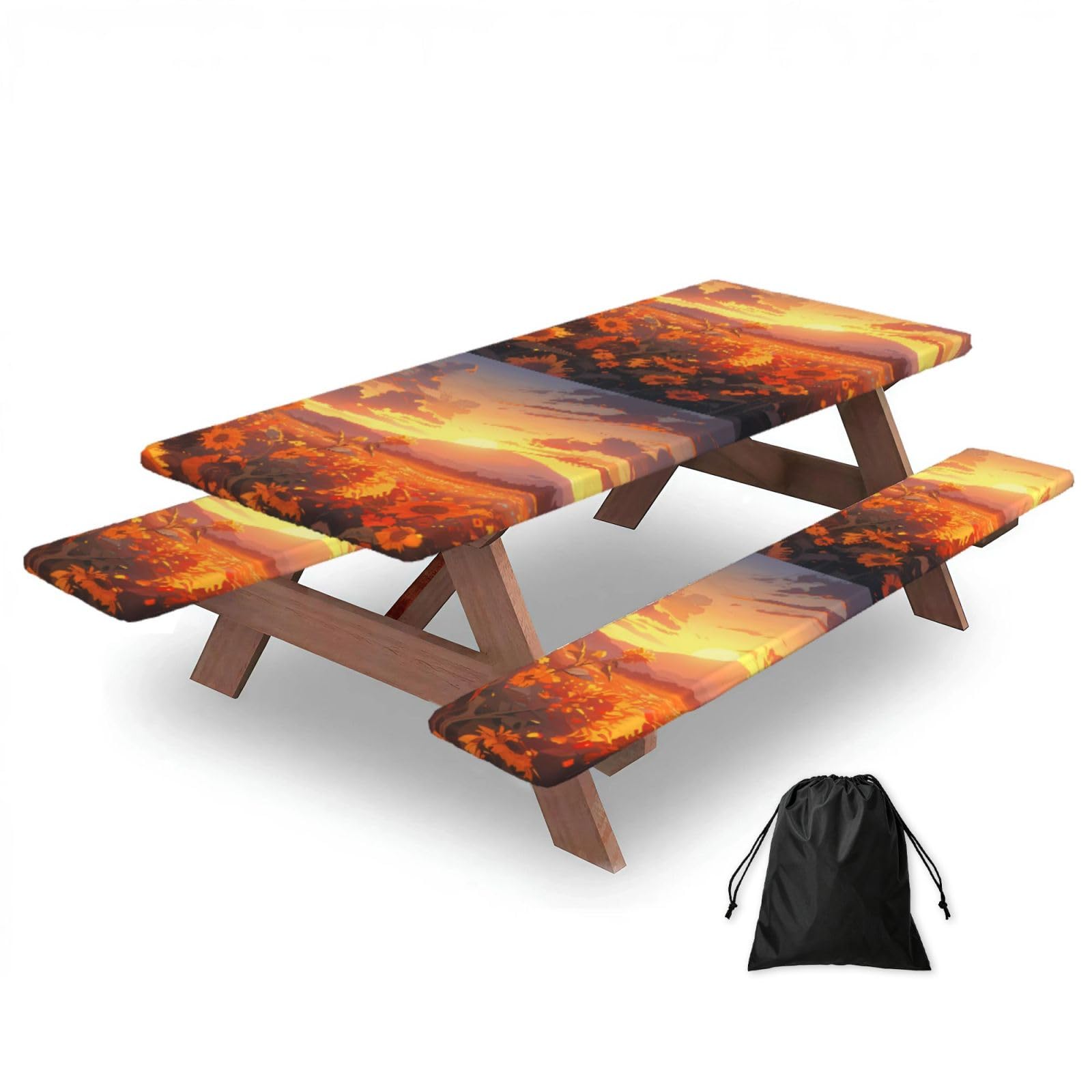 Hhbiuuo Black 72In Camping Table Cover & Bench Covers 3-Pack Set, Yellow Sunflowers At Sunset Print Tablecloths, For Rectangle Tables Picnic