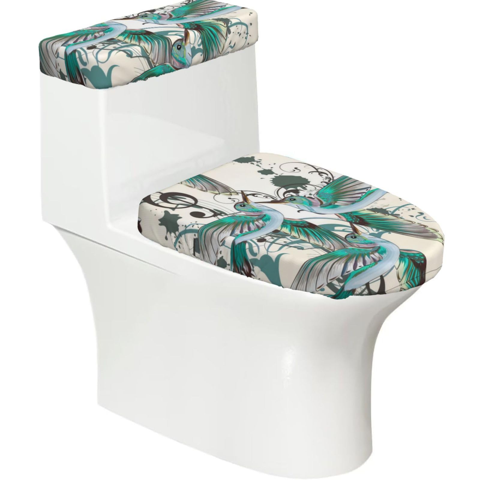 Teal Birds Musical Note 2-Piece Toilet Seat Cover Set with Tank Lid - Elastic for U-Shape & Elongated - Bathroom Decor