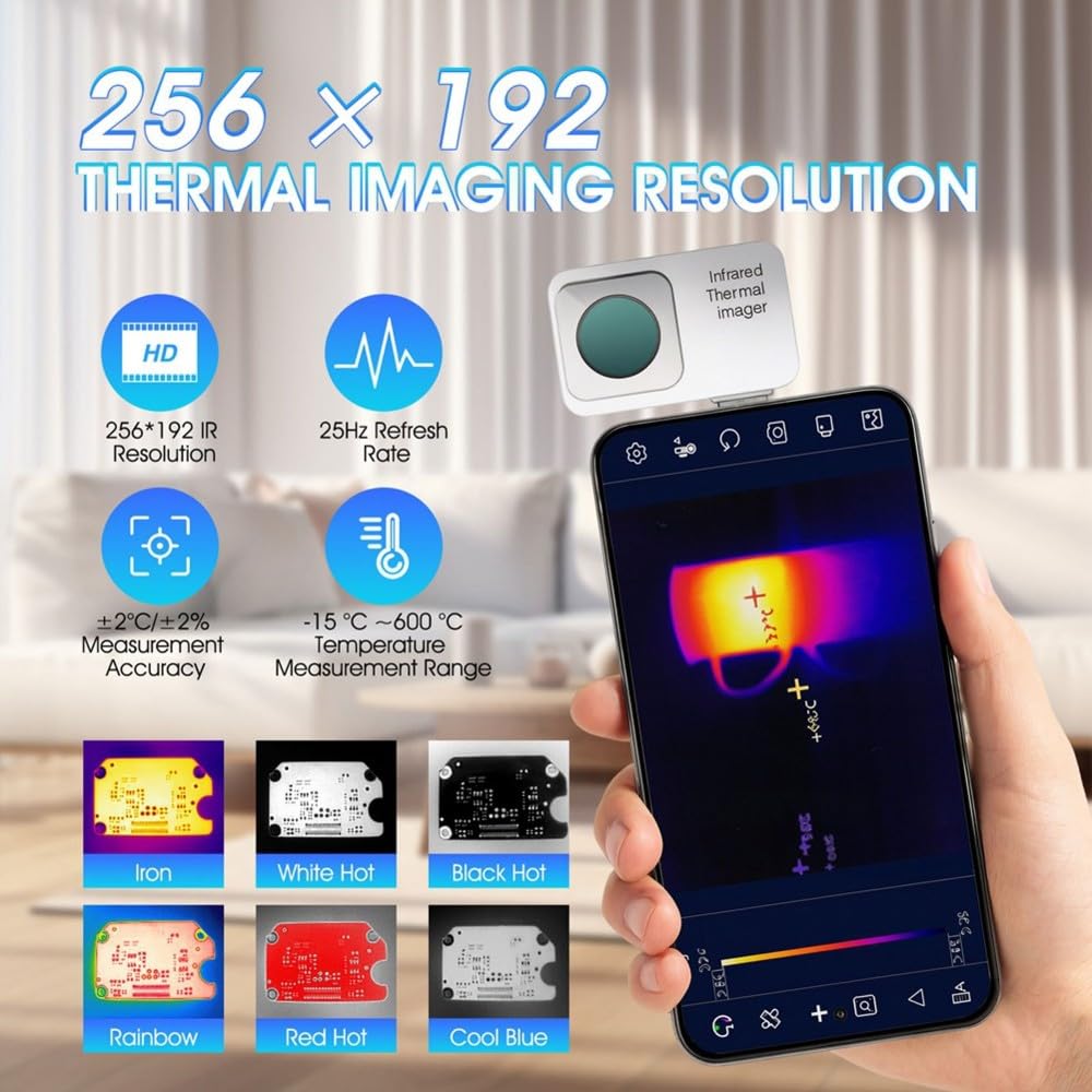 Kamera termiczna do smartfona Kamera termiczna 256 x 192 IR Rozdzielczość termowizyjna z szerokim zakresem temperatur od -15℃ do 600℃ 25 Hz w czasie rzeczywistym