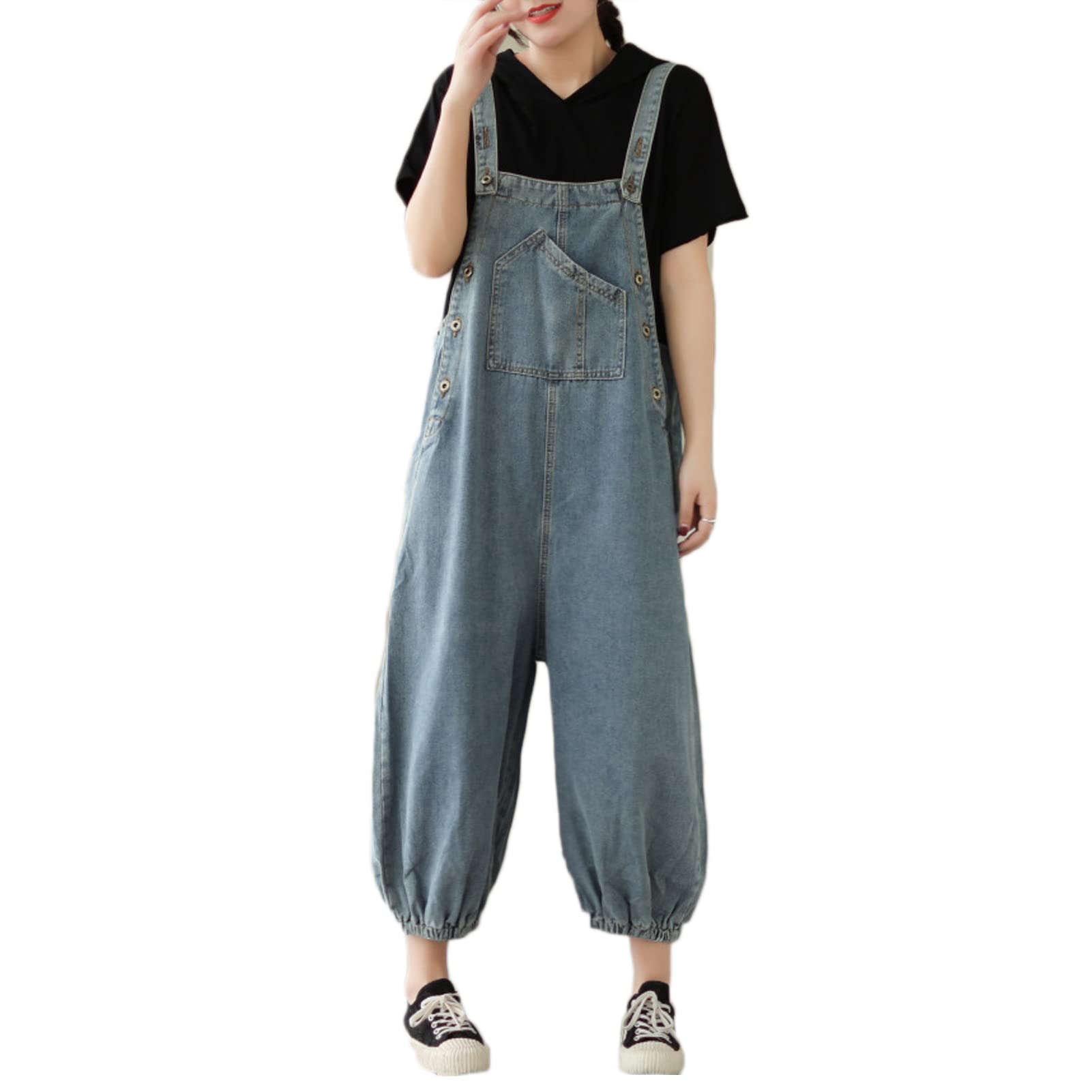Salopette da donna in denim Salopette Pantaloni da donna Vintage Casual Baggy Jean Tute regolabili Tute Tute a gamba larga Tutina Pantaloni lunghi Azzurro-M