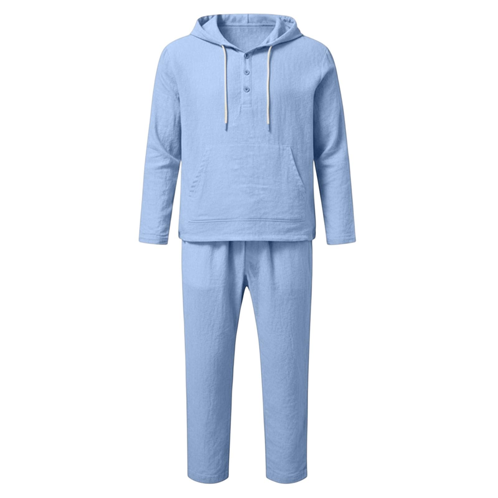Genérico Traje de Lino para Hombre Informal Conjunto de 2 Piezas Conjunto Deportivo Hombre Camisa Lino Manga Larga Sudadera con Capucha Blusa Verano Camiseta Manga Larga y Pantalón de Playa