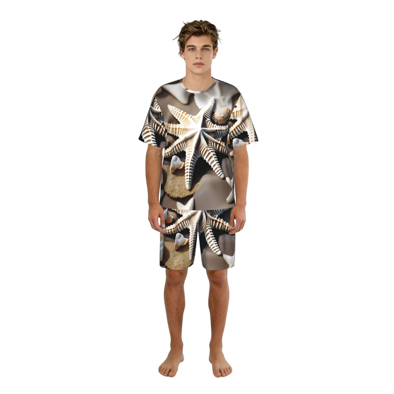 Conjunto de pijama clásico con estampado de estrella de mar de conchas de mar para hombre, pantalones cortos de pijama suaves para hombre, perfecto para noches de verano