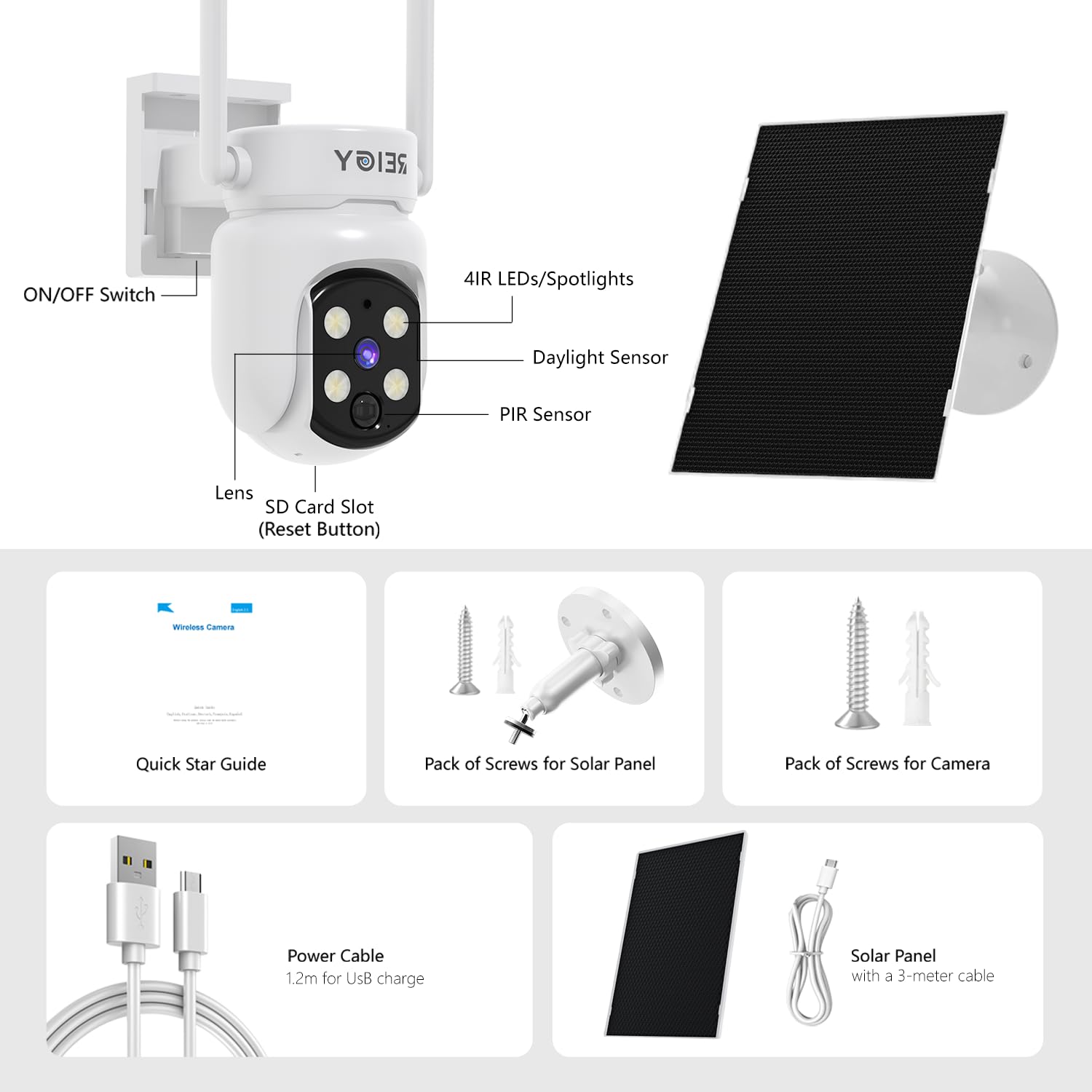REIGY 4MP Camara Vigilancia WiFi Exterior/Interior Solar, Camera Seguridad sin Cable con Panel Solar, 360° PTZ, 10M Visión Nocturna, Detección Movimiento PIR, Audio de 2 Vias, WiFi 2.4ghz/5ghz