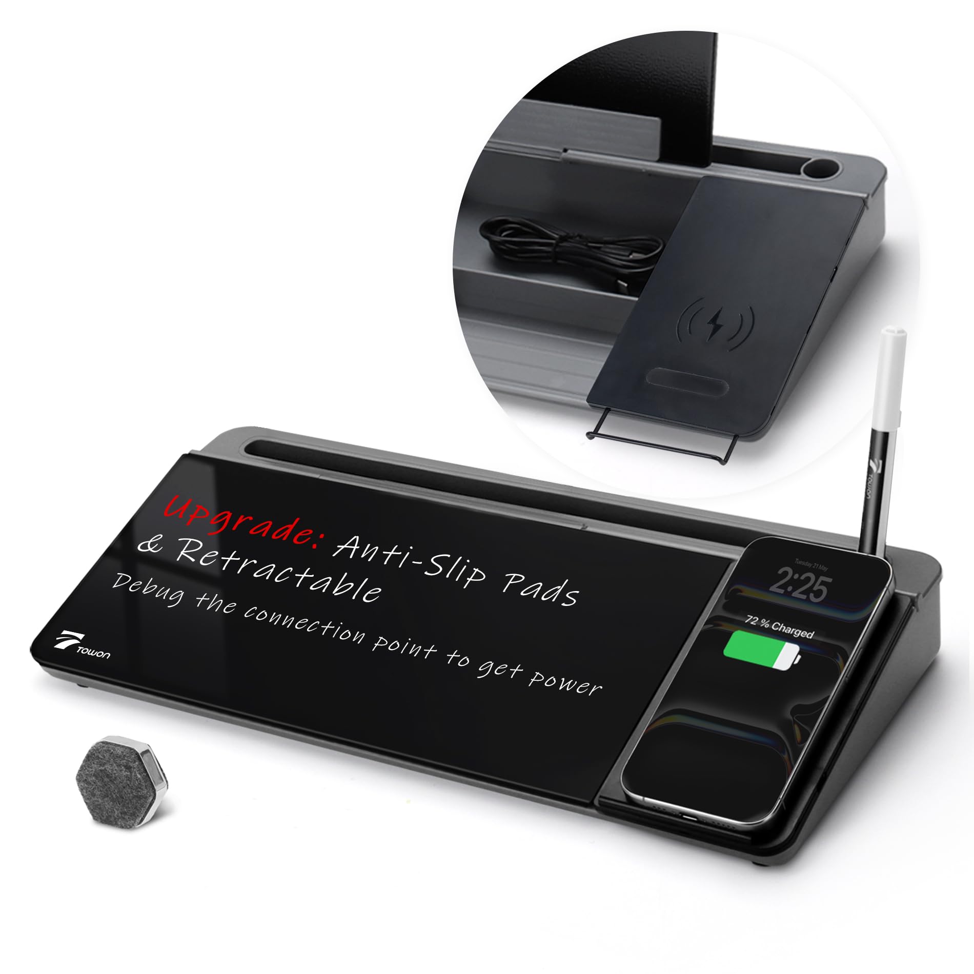 TOWON Black Desk Dry Erase Board with Charger Pad, Small Glass Desktop Whiteboard, Desktop whiteboard - Glass Dry Erase White Board- Desk Computer Buddy for Home Office Supply, 17 x 6 Inches