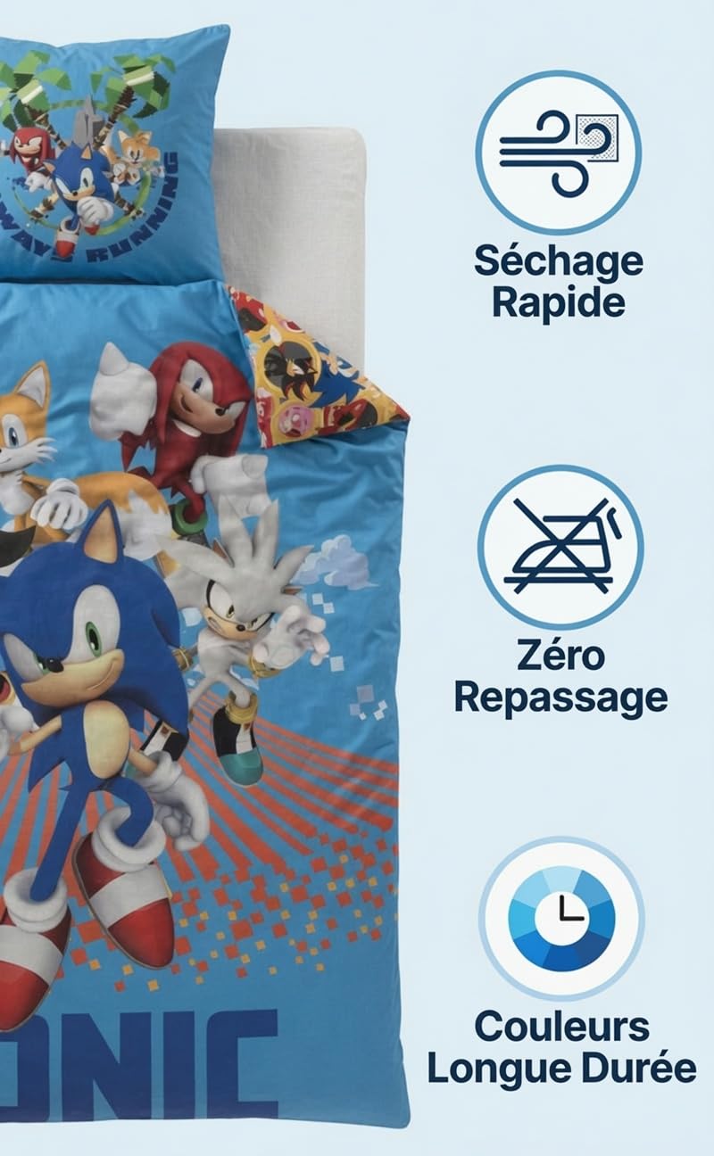 Sonic Le Hérisson Bleu Housse de Couette 140x200 + Taie 63x63 Polyester | Parure de lit qualité supérieure | Polyester Oeko-Tex | SEGA officiel | Garçon | Cadeau | Lavable en machine