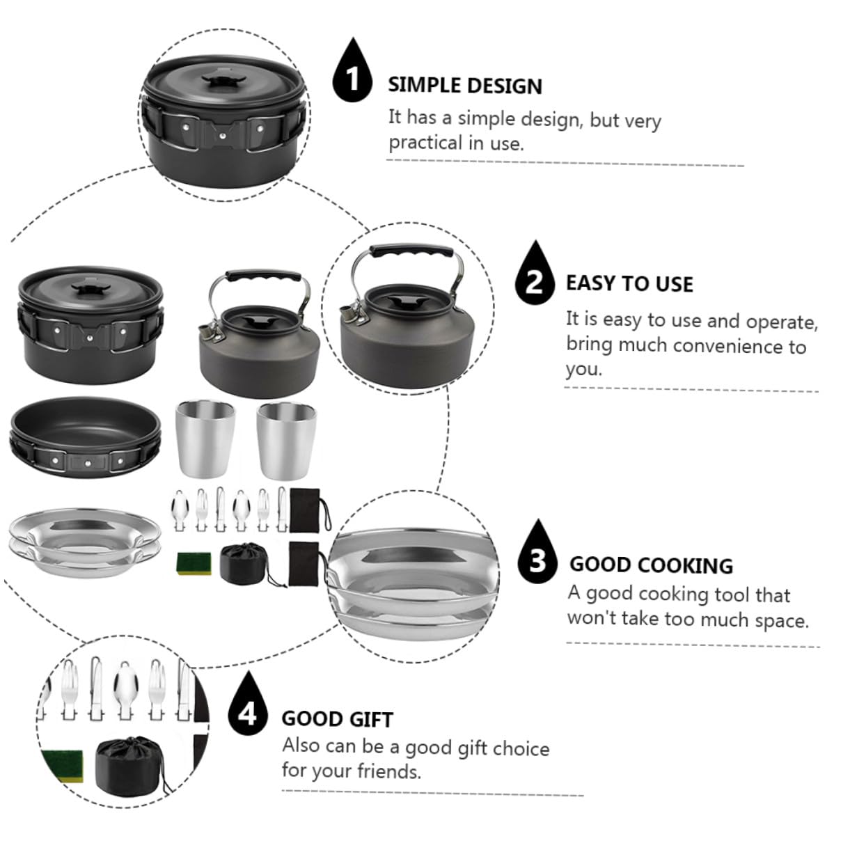 STOBAZA Set de Cuisine Camping Personnes Batterie de Cuisine Extérieure et Légère avec Bouilloire et Assiette Ustensiles Multifonctions Résistants Corrosion pour Randonnée et Pique-