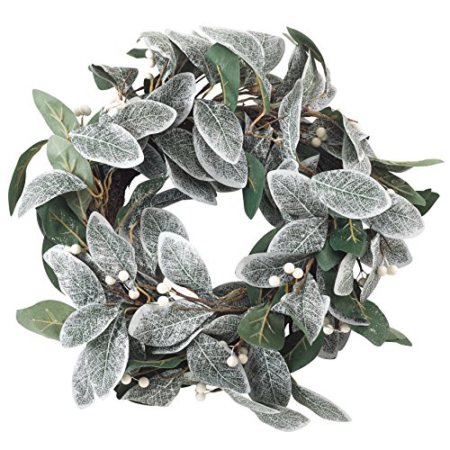 SARO LIFESTYLE WR920.G Artificial White Berry Frosted Leaf Branch Wreath, 22" x 22"
