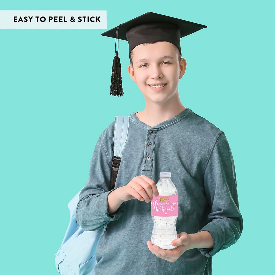 Andaz Press Pink and Gold Glittering Graduation Water Bottle Labels, 20-Pack Graduation Party Favors Class of 2026 Grad Water Bottle Stickers