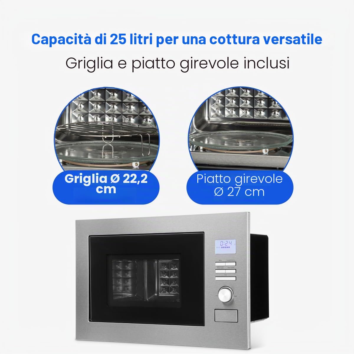 Bomann MWG3001HEB Microonde 3 in 1 da incasso con griglia e aria calda, display LCD, 8 programmi automatici, funzione timer, 25 l, parte anteriore e interno, argento