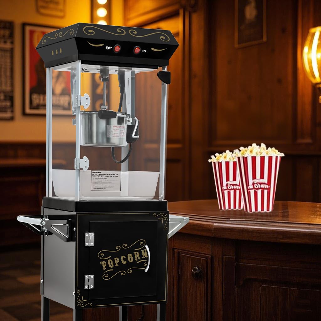 Popcorn Machine with Cart and 6OZ Stainless Steel Pot, Mobile Popcorn Maker with Tempered Glass Panels, Two-Switch Control, Bicycle Wheels and Storage Cabinet for Commercial Home Theater Use (Black)