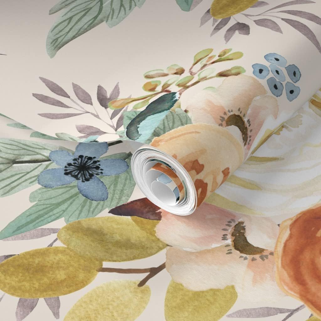 Removable Wallpaper 9ft x 2ft - Western Autumn Florals Ivory Rustic Floral Watercolor Boho Chic Feather Woodland Girly Custom Pre-Pasted Wallpaper by Spoonflower