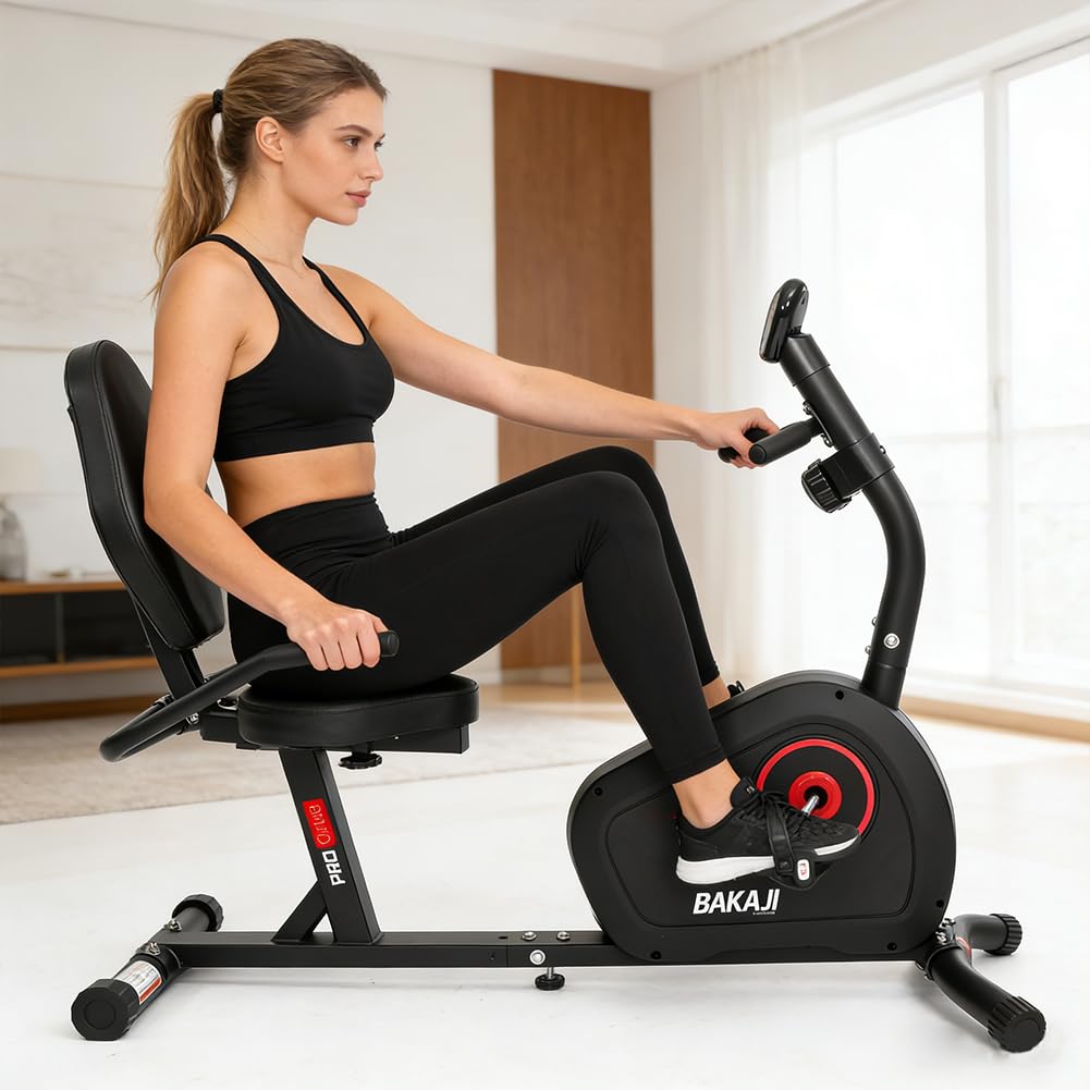 BAKAJI Cyclette Orizzontale da Casa con Schienale e Seduta Ergonomica per Esercizi Fitness, Bici da Seduta per Home Gym Palestra Allenamento Cardio, Bicicletta per Esercizi con 8 Livelli di Resistenza
