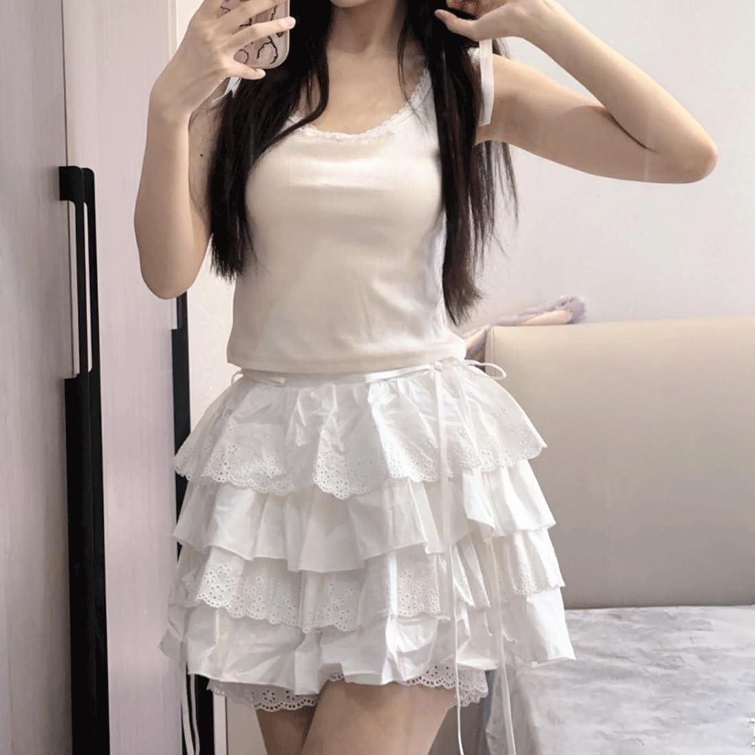 Harajuku Style Kawaii Goth Lolita Fashion Casual Elastic Waist Cute Lace Trim White Short Tiered Skirt - Image 3