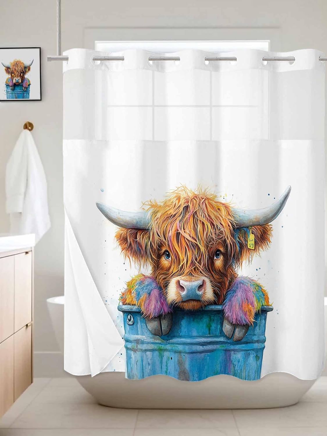 Highland Cattle No Hook Shower Curtain and Liner Set Farmhouse Cow Funny Animal Snap in Shower Curtains Waterproof Bath Curtain with See Through Top Window Hotel Liner Set 72" x 72"