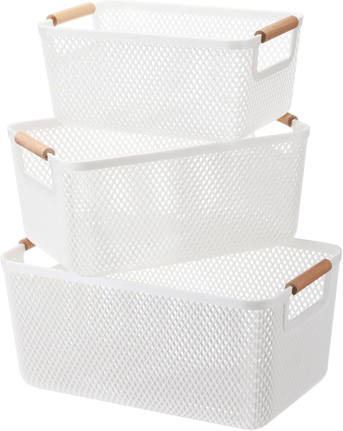 3 Pack Plastic Mesh Basket with Wooden Handles - PP Material Storage Organizer Container Bins for Organizing Cabinet Pantry Bathroom Kitchen Fridge Fruit Makeup Snacks Gifts(White)