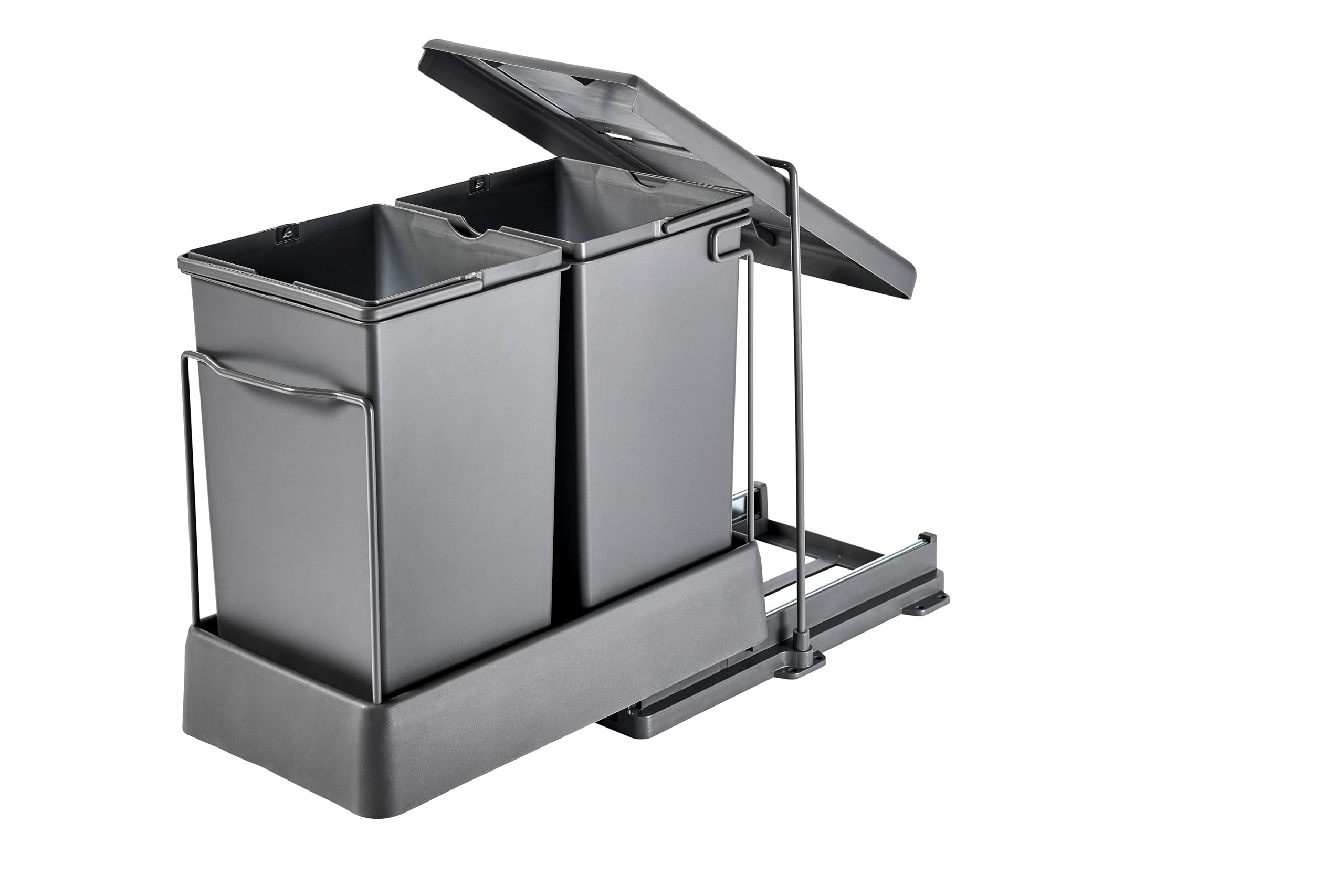 Aspira Home Müllomatic ECO 2 | Einbaumülleimer Küche ausziehbar, Mülltrennsystem für Unterschrank mit automatischem Auszug beim Türöffnen, 2 x 14 L Inneneimer, Kunststoff grau, Schienensystem