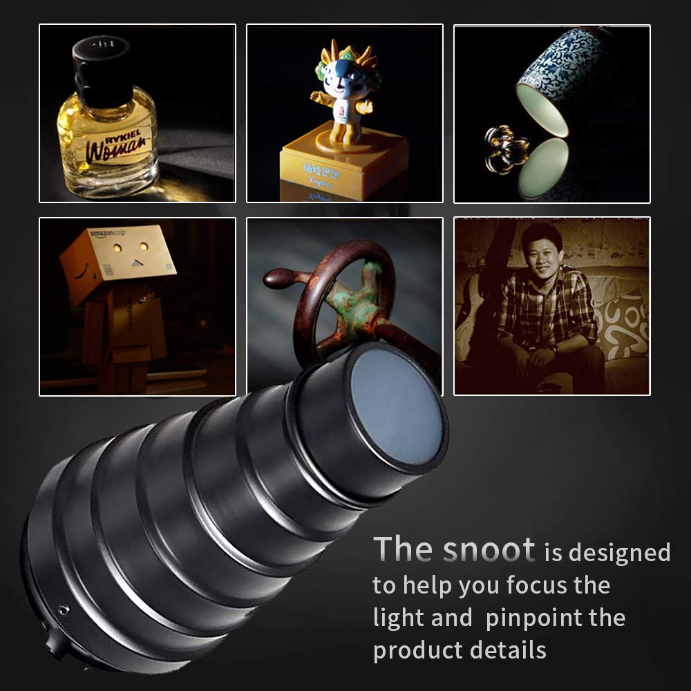 Soonpho Stożkowy zestaw Snoot ze stopu aluminium do Bowens-Mount-Strobe-Flash-Speedlite, w zestawie kratka o strukturze plastra miodu i 5 kolorowych filtrów