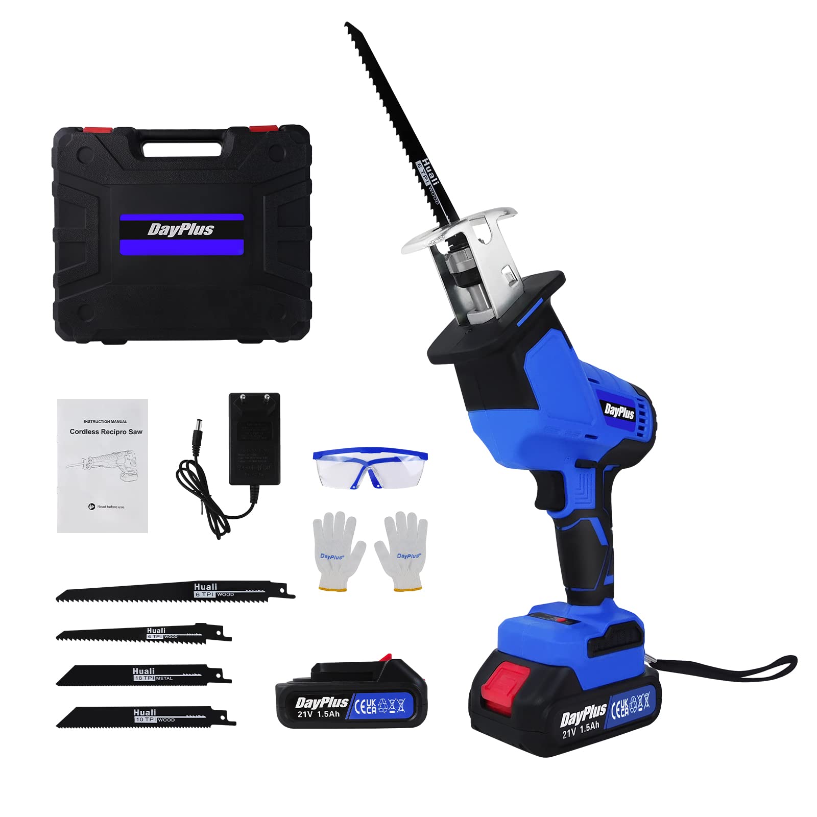 Sierra de sable con batería con pilas de 1,5 Ah, 4 hojas de sierra, motor sin escobillas de 680 W, luz LED, para cortar metales blandos, madera, incluye gafas y guantes