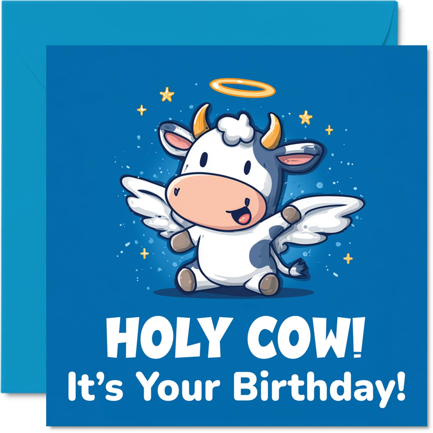 Playful Birthday Card - Heavenly Birthday Surprise - Cartoon Cow with Wings and Halo Brings a Cheeky Twist - Sure to Lift Spirits - 145mm Square, Envelope Included