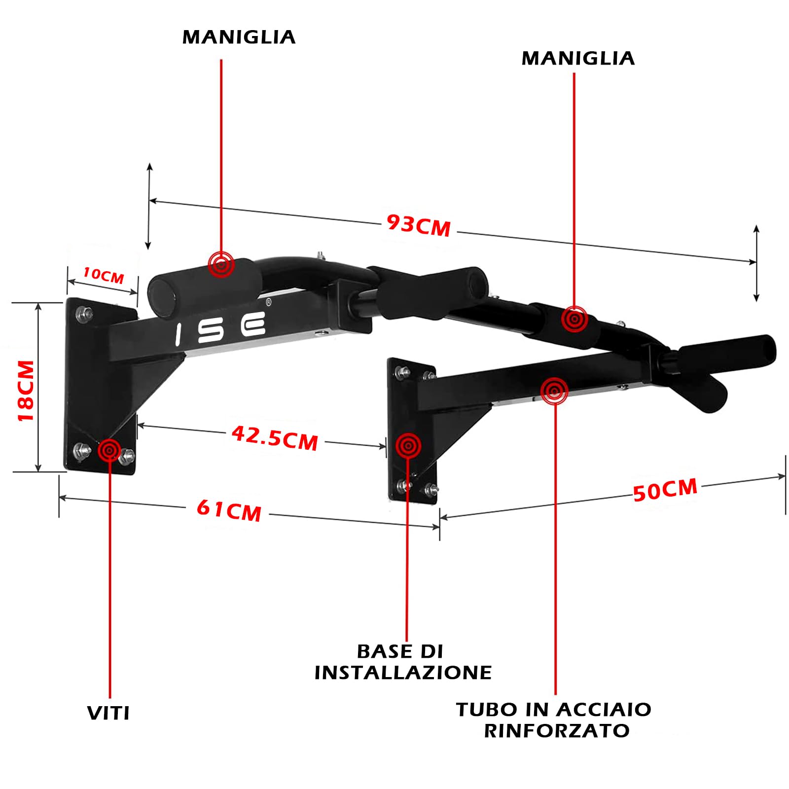 ISE Sbarra Trazioni a Muro, Barra Per Trazioni Pull Up Bar Trazioni alla Sbarra Multifunzione da Parete con Impugnatura Antiscivolo