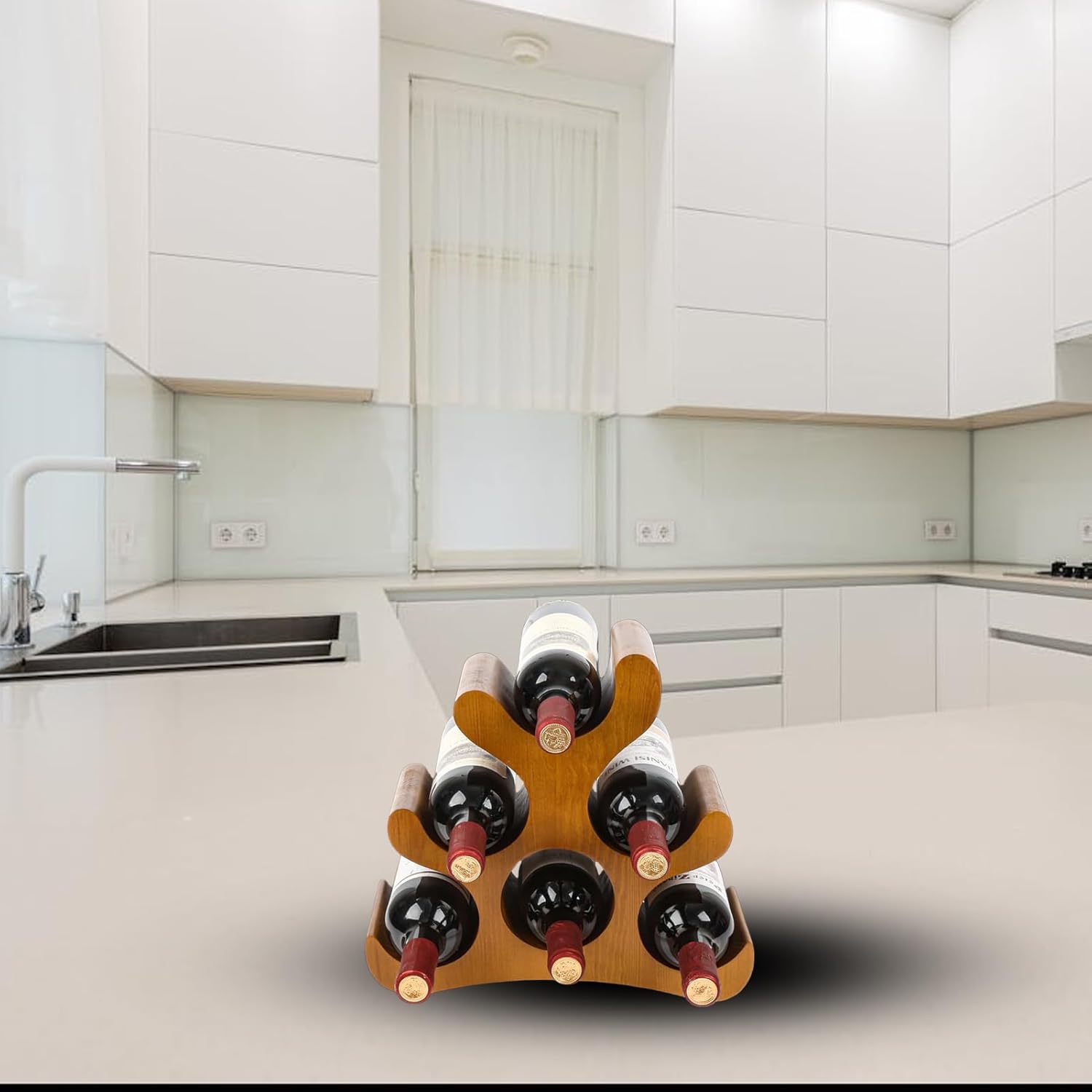 Solid Wood Countertop Wine Rack for 6 Bottles, Space-Saving Freestanding Design, Wooden Storage Holder Stand for Kitchen, Dining Room, Bar