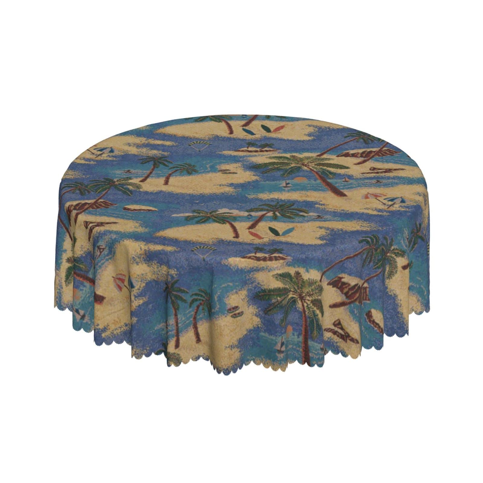Lsjuee Vintage Island Beach Palm Tropical Round Tablecloth 60 Inch Printed Washable Tablecloth for Dining Party Holiday Fall Home Decorative