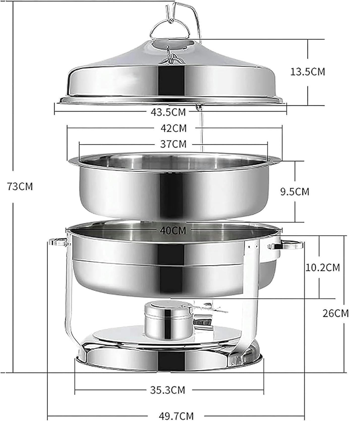 Chafing Dish Rotondo in Acciaio Inossidabile da 9 Litri,Portavivande E Scaldavivande di Dimensioni Standard con Teglia per Alimenti,Contenitori per Combustibile E Coper,Silver