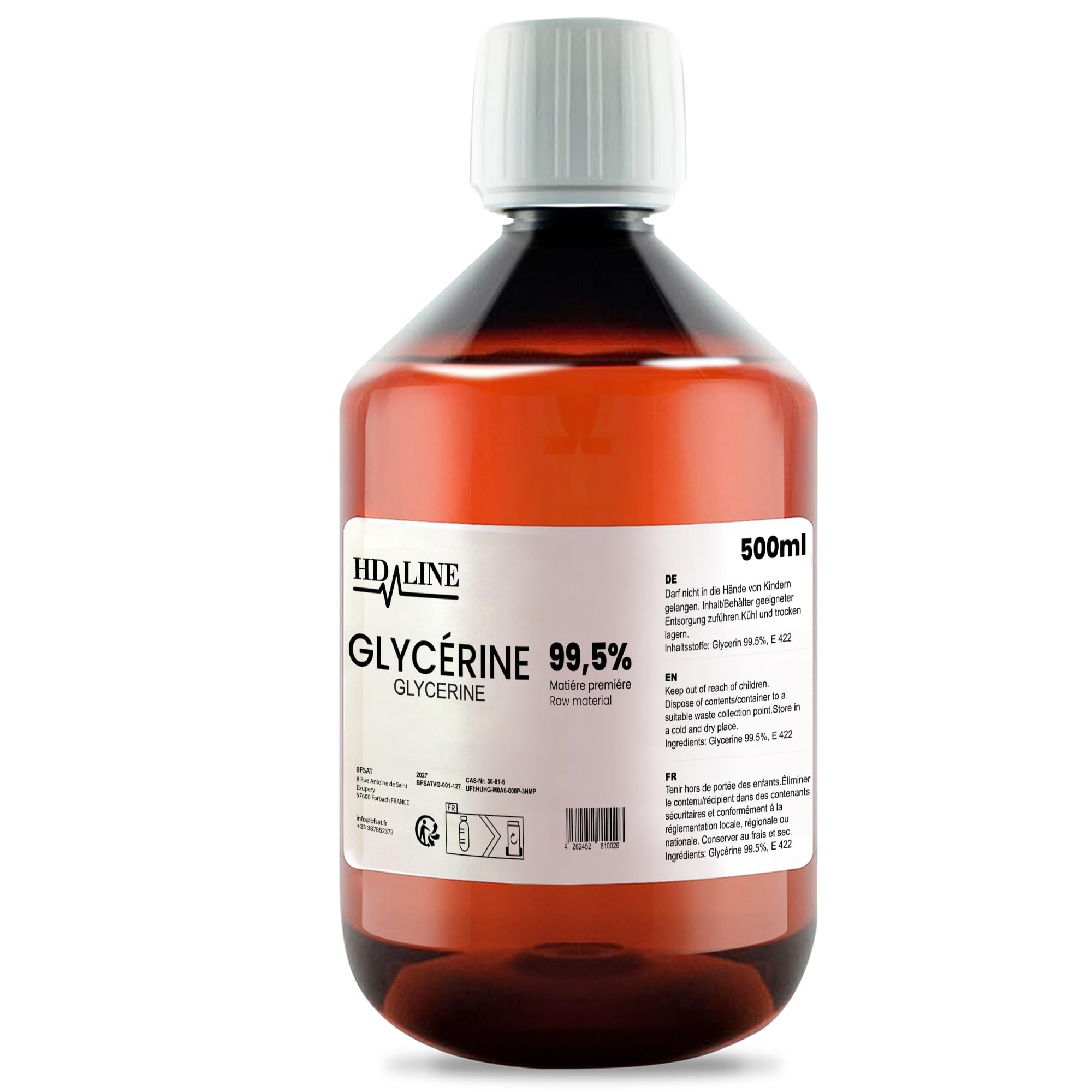 hd-line 500 ml Glycerin E422, Perfekt für DIY, Pharmaqualität 99,5% Reinheit, Lebensmittelqualität, Raw Material VG, Rein, Vegan, Ph. Eur/USP