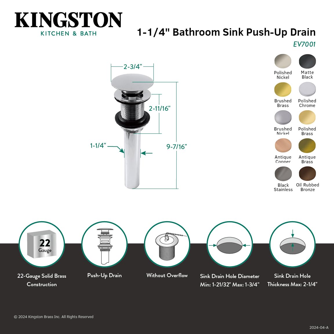 Kingston Brass EV7003 Desagüe desplegable sin rebosadero, Latón Envejecido, 9-7/16" Length