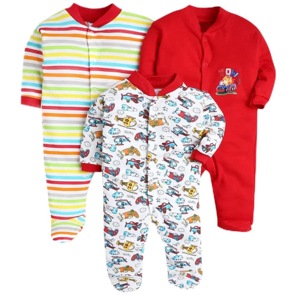EIO 100% Cotton Rompers/Sleep Suits/Jumpsuit/Night Suits for Baby Boys & Girls, Infants, New Born Pack of 3