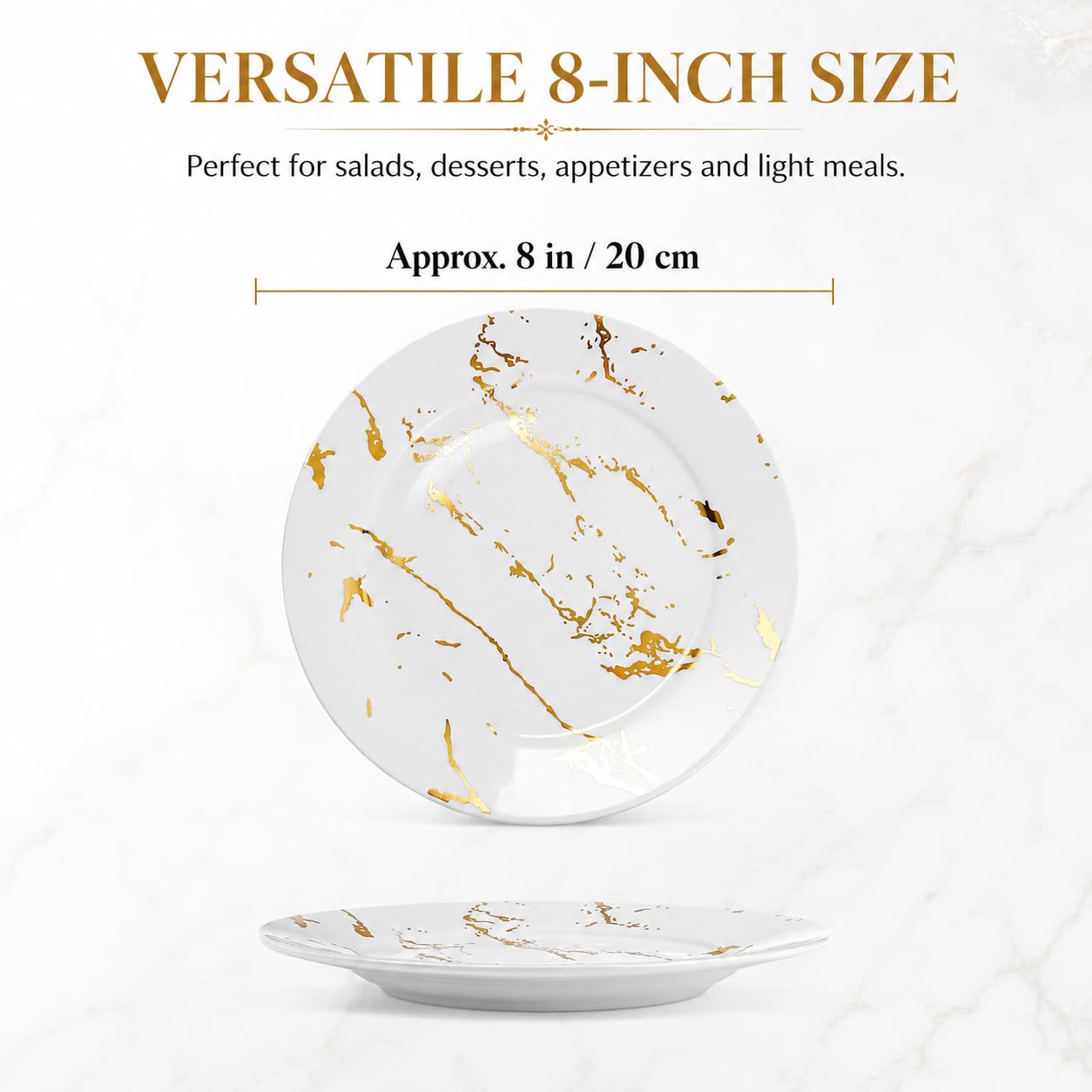 Weiße und goldene Keramikteller, 20,3 cm, 6 Stück, Vorspeisenteller aus Keramik für Abendessen/Salat, elegantes Marmor-Teller-Set für Hochzeit, Party, Essen