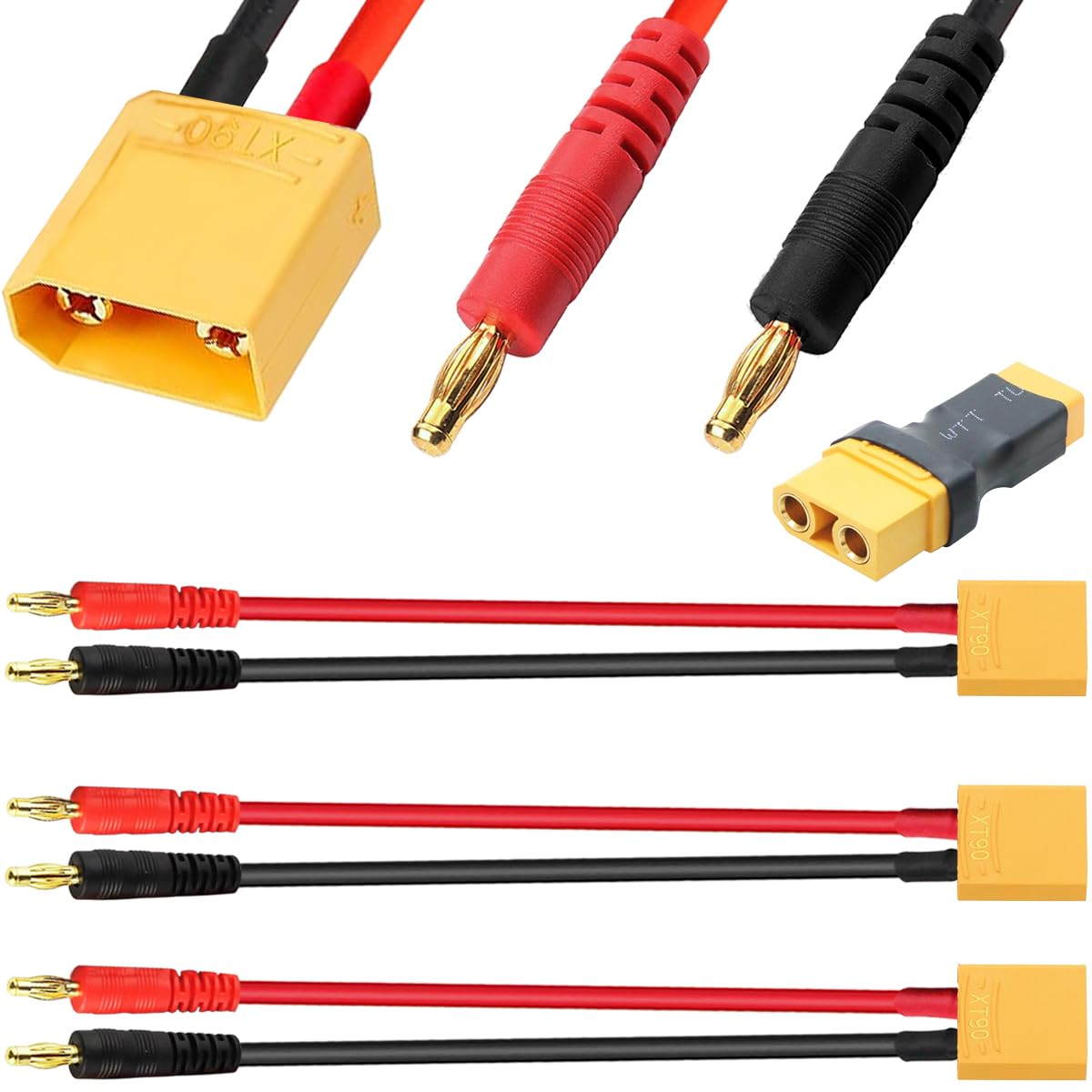 Xiatiaosann 3 Pcs XT90 to 4mm Banana Plug Cable 12AWG XT90 Male to Banana 4.0 RC Battery Charging Adapter Connector, for RC Helicopter FPV Quadcopter