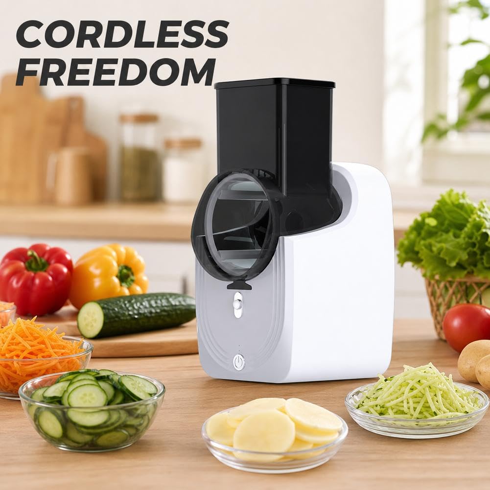 Rallador eléctrico de queso 3 en 1, cortador eléctrico de verduras y rallador, máquina de ensalada con 3 formas diferentes de cuchillas y base de succión fuerte, mini trituradora eléctrica de verduras