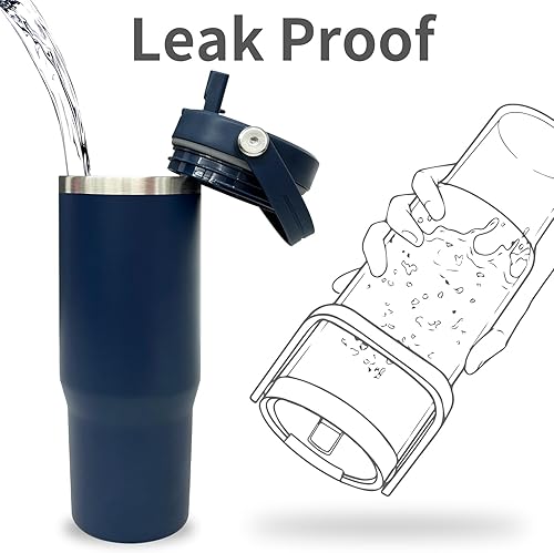 Miniatura 3 de Vaso de 30 onzas con asa superior, vaso aislado al vacío de doble pared con popote abatible, taza de café de viaje de 30 onzas con recubrimiento en