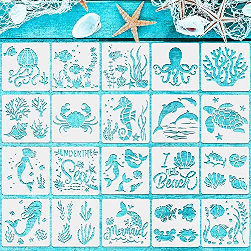 Modèle Peinture Animaux Marins, 20 Pièces Modèles de Peinture de Mer, Peinture Pochoir en Plastique Créatures Marines, Pochoirs Réutilisables de Peinture d'Art, pour Bricolage Artisanat Scrapbooking Cover