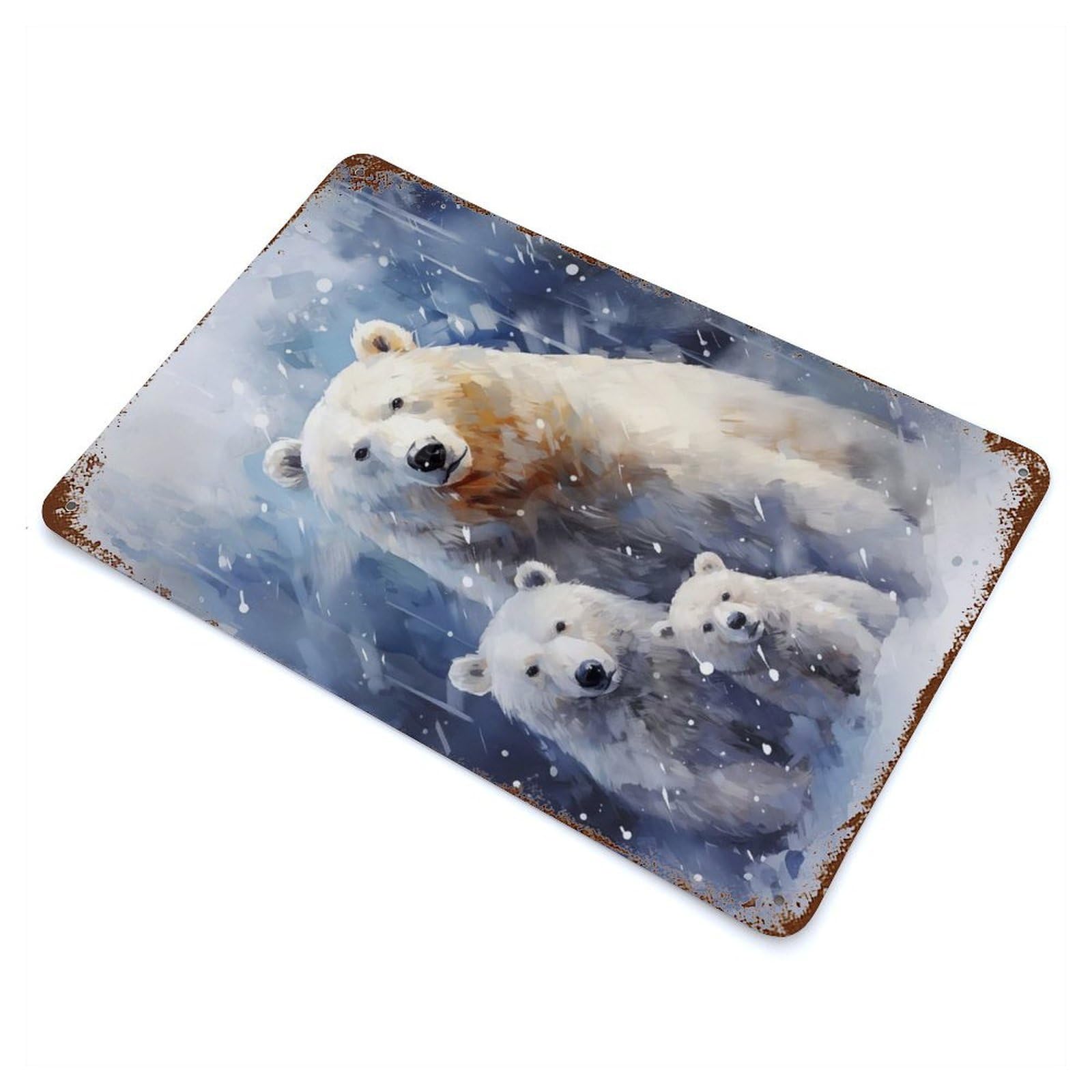 Garage Style Polar Bear Family Xmas Aged Metal Wall Plaque 11.8"x7.9", Farmhouse Wall Decor for Bar And Workshop